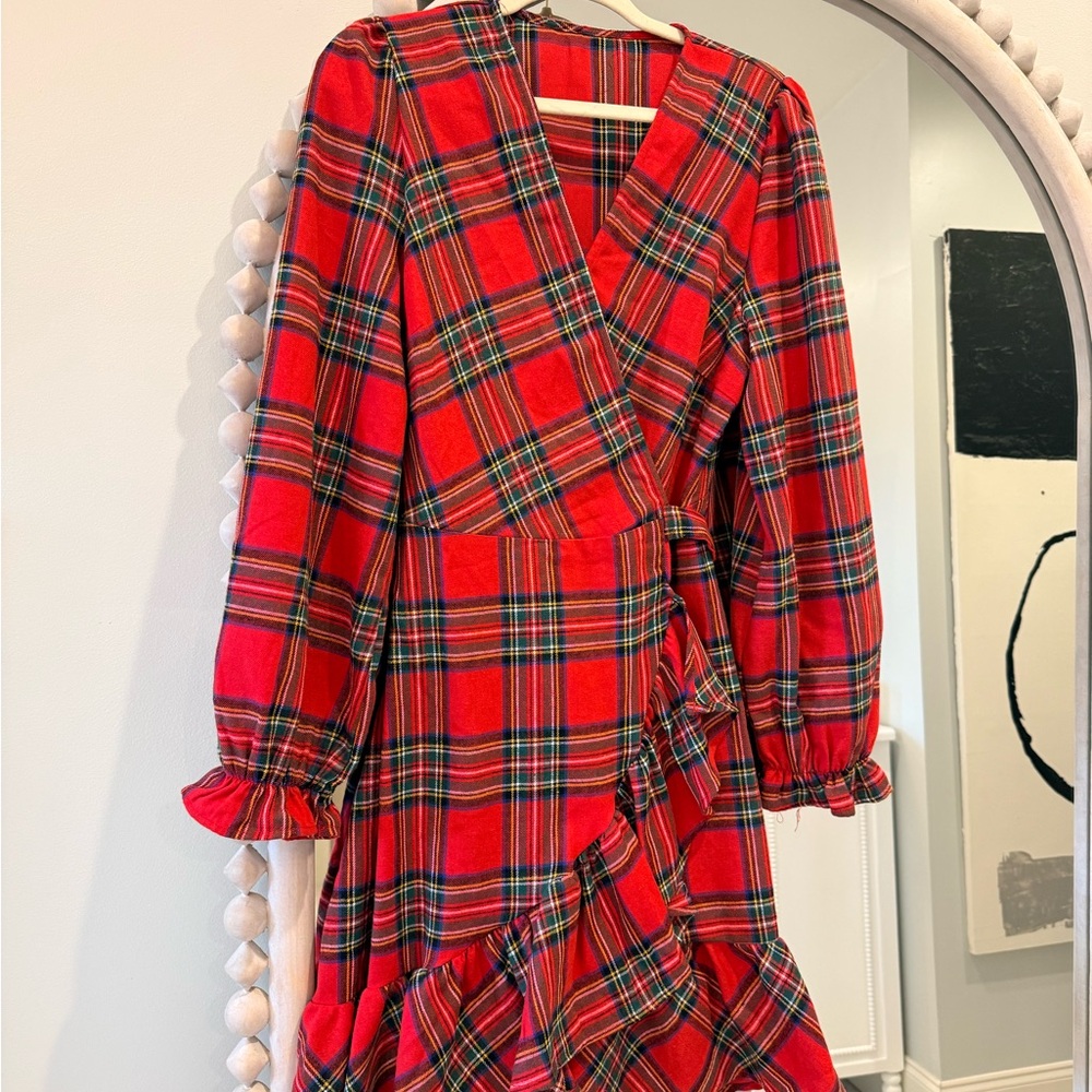Cupshe Red Plaid Long Sleeve Wrap Dress